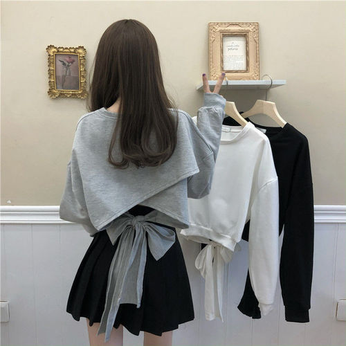 2023 new autumn Korean style loose short style discreet hollow backless strap thin long-sleeved sweatshirt women's top