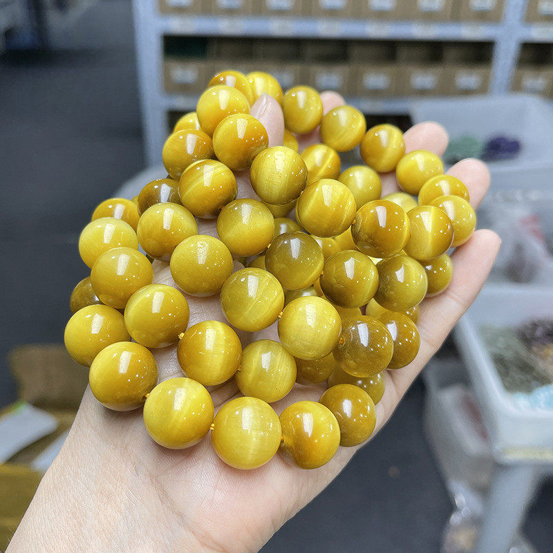 正品7A金虎眼石手链大颗粒圆珠优化黄金虎晴石手串男女微瑕有棉裂