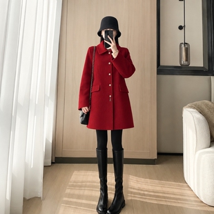 红色双面羊绒大衣女中长款翻领富家千金修身毛呢外套高级感小个子
