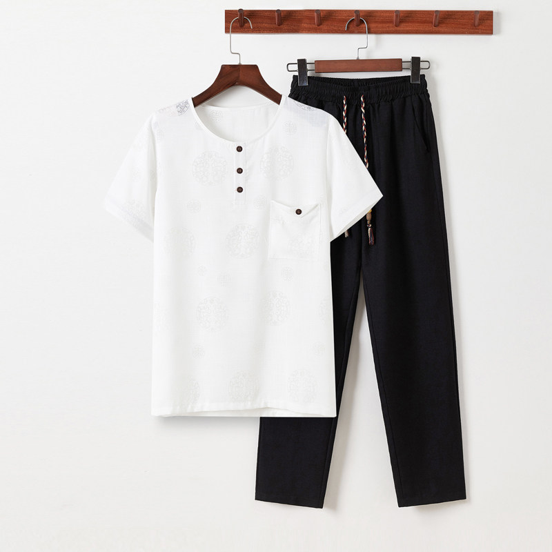 HT998*夏季风男士短袖T恤套装中老年唐装两件套男黑白*，男装衬衫，星座1516（原B303）