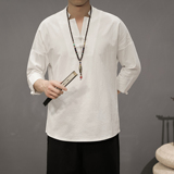 T819*夏季风男士盘扣复古棉麻中袖古风中袖T恤衫浅灰*，男装T恤，星座1516（原B303）