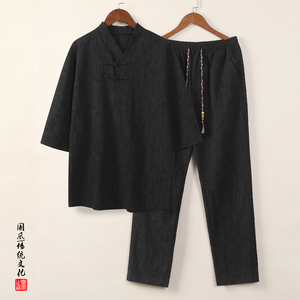 91058* 风暗纹提花中袖古风复古T恤男士禅服套装居仕服 *P105图片