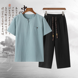 8086* 夏季风唐装禅服棉麻短袖古风透气T恤套装男居仕服 *P55图片