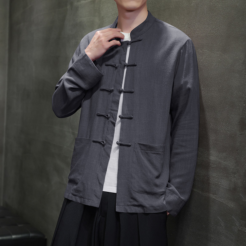 T922*风中式立领棉麻长袖衬衫复古开衫唐装盘扣衬衣*P65，男装衬衫，星座1516（原B303）