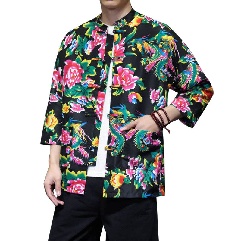 T921*东北大花中袖衬衫风复古唐装汉服衬衣新中式男装*P38,男装衬衫,星座1516（原B303）