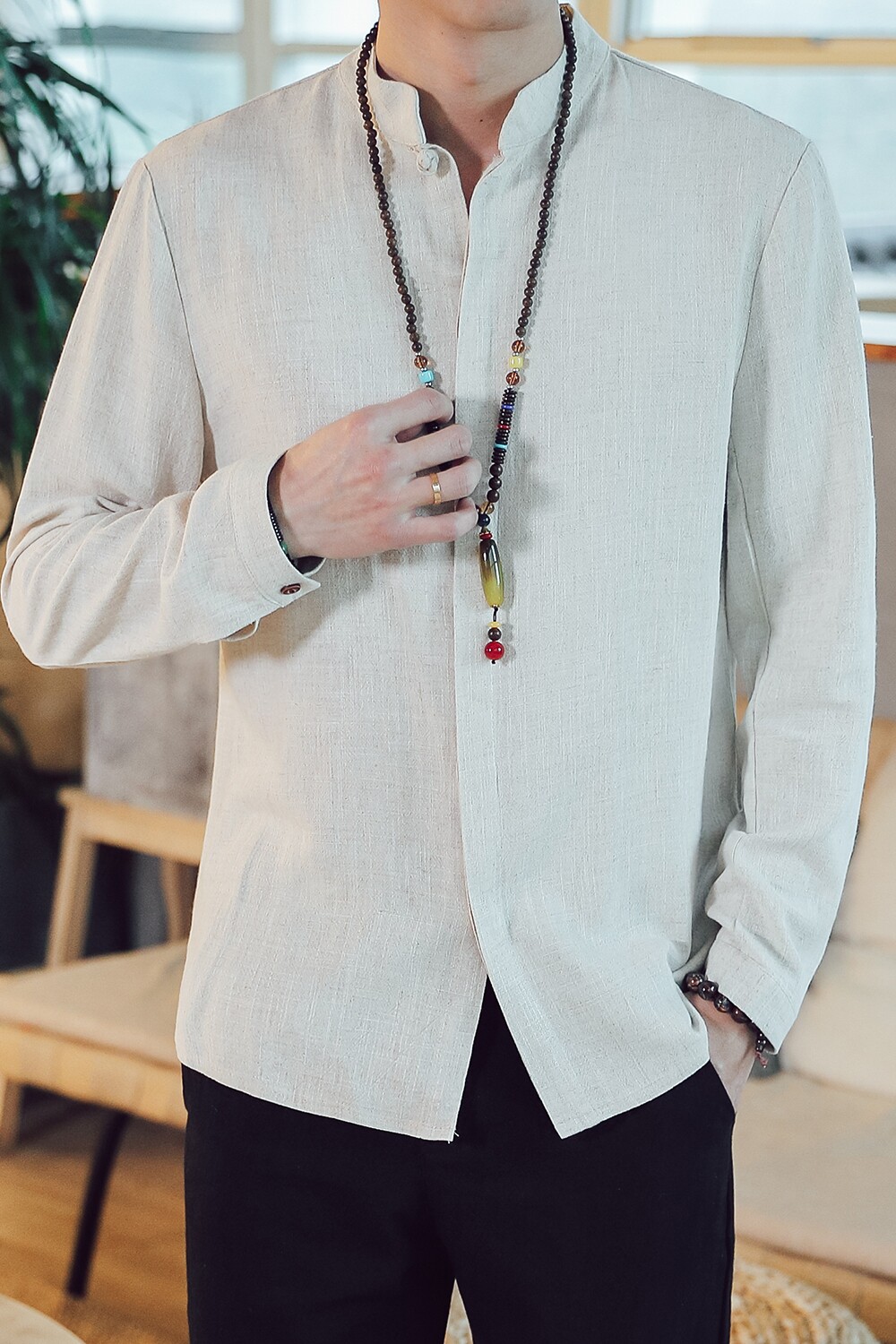 T90*古风长袖衬衫立领禅服居仕服风盘扣棉麻衬衫男*P55,男装衬衫,星座1516（原B303）