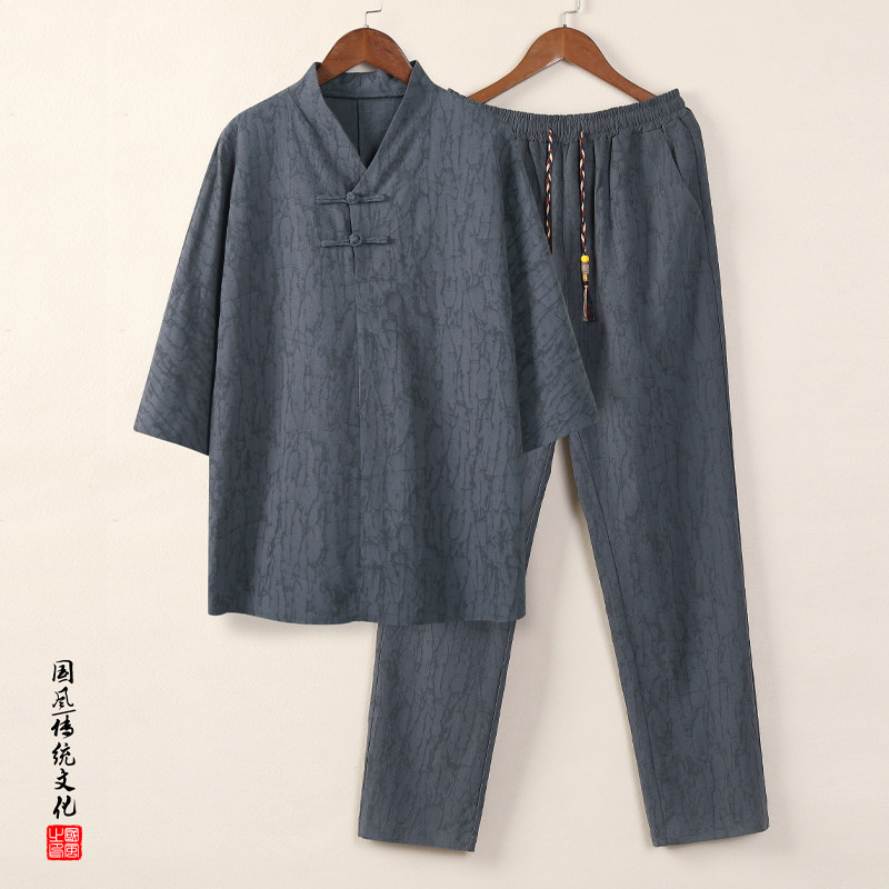 91058* 风暗纹提花中袖古风复古T恤男士禅服套装居仕服 *P105图片