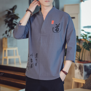 T89* 2021夏季男士风古风道字绣花棉麻中袖T恤衫 灰蓝 *图片