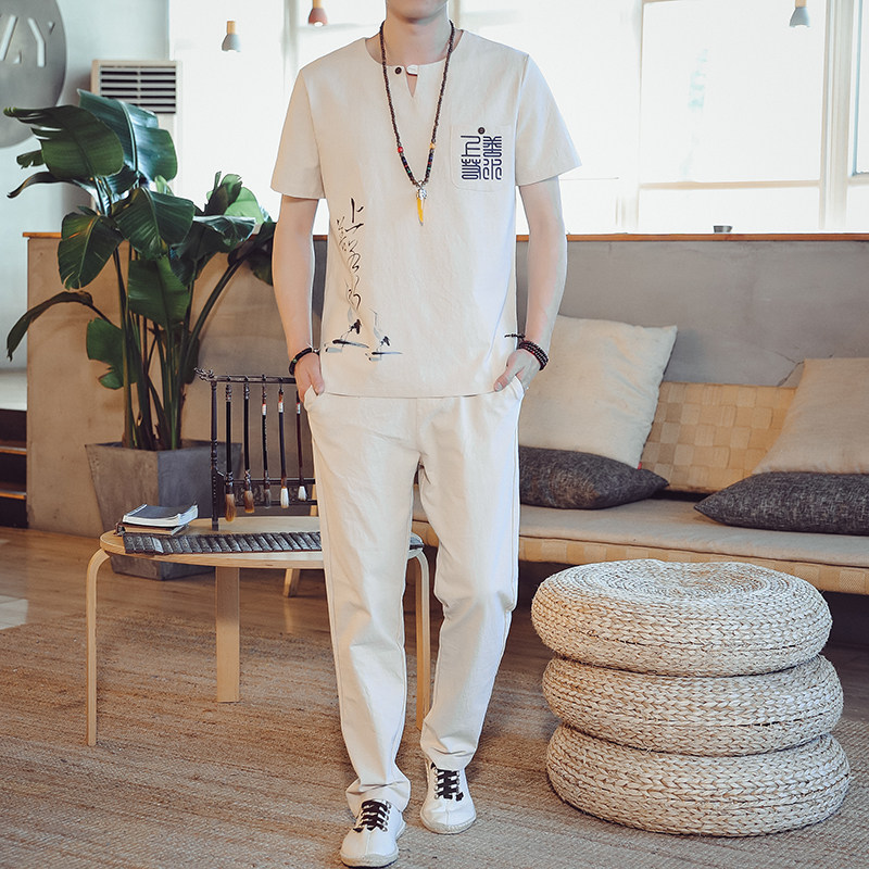 DY35*夏季风男士棉麻短袖T恤套装长裤两件套装男杏色*，男装T恤，星座1516（原B303）