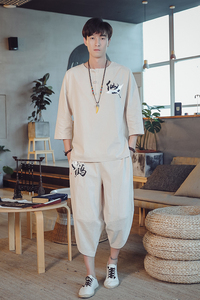 DY23*潮男士棉麻五分短袖T恤套装仙鹤两件套装男 灰蓝 *图片