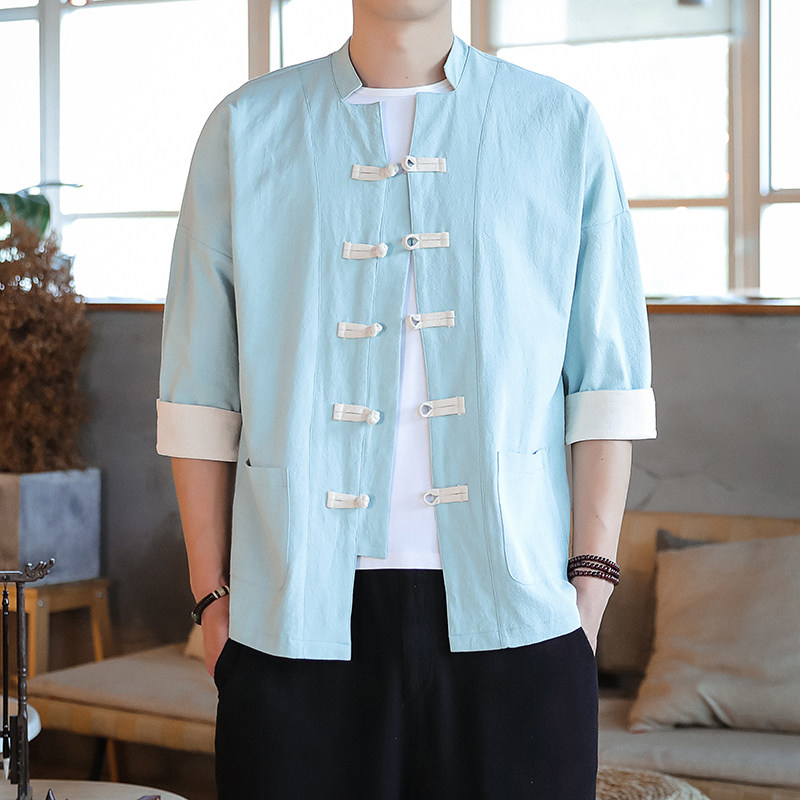 T915* 古风盘扣撞色唐装茶服中袖衬衫居仕服纯色禅服 *P55图片