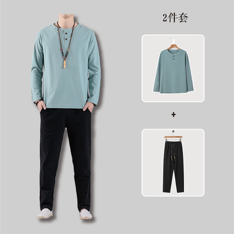 81288* 风立领复古棉质长袖T恤男古风两件套禅服居士服 *P70图片