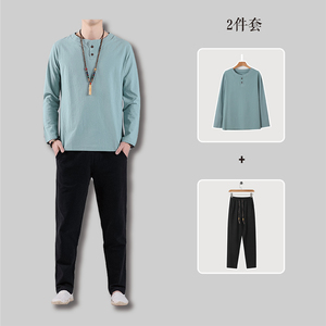 81288* 风立领复古棉质长袖T恤男古风两件套禅服居士服 *P70图片