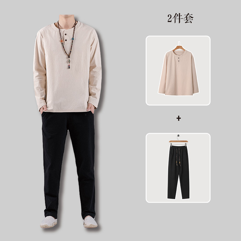 81288*风立领复古棉质长袖T恤男古风两件套禅服居士服*P70,男装T恤,星座1516（原B303）