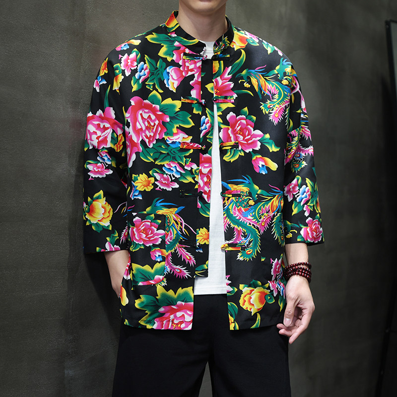 T921*东北大花中袖衬衫风复古唐装汉服衬衣新中式男装*P38,男装衬衫,星座1516（原B303）