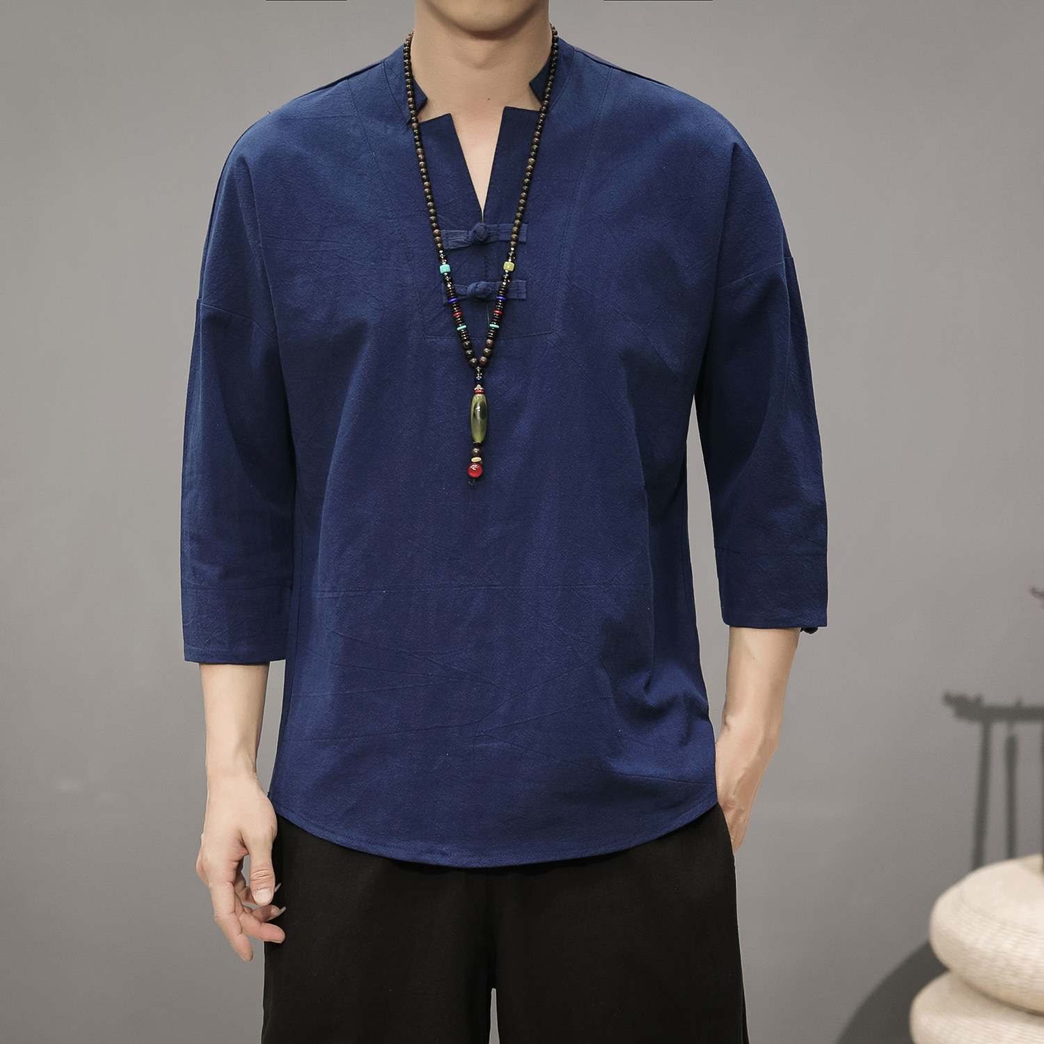 T819*风男士盘扣复古棉麻透气中袖古风T恤居士服禅服*P40,男装T恤,星座1516（原B303）