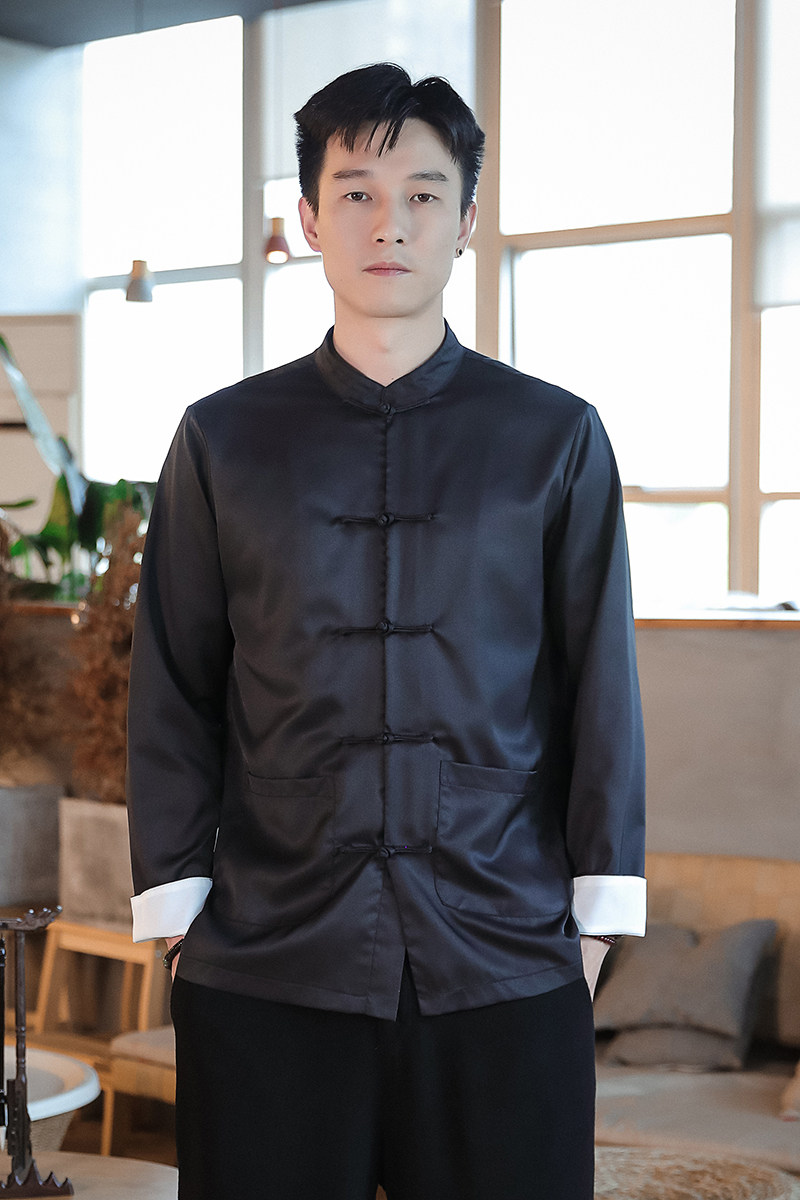 T916*风盘扣唐装立领古风坠感仿真丝衬衫禅服*P65,男装衬衫,星座1516（原B303）