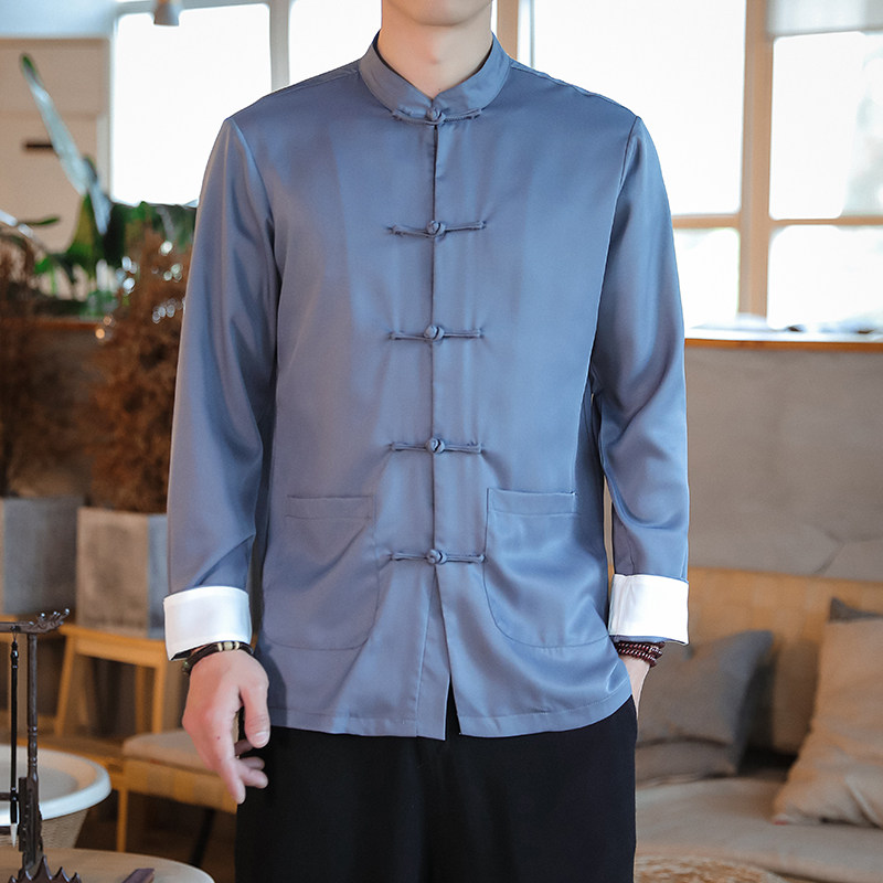 T916*风盘扣唐装立领古风坠感仿真丝衬衫禅服*P65,男装衬衫,星座1516（原B303）