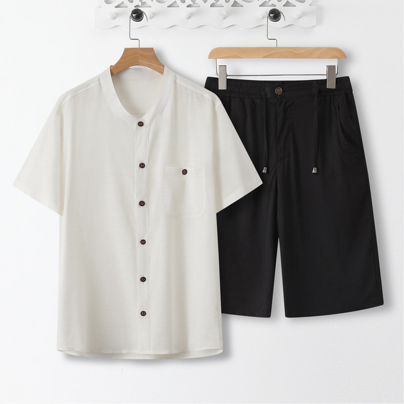 1066*风立领冰丝短袖天丝麻套装薄款凉感居仕服衬衫*P70,男装T恤,星座1516（原B303）