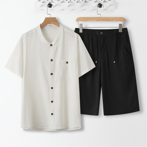 1066* 风立领冰丝短袖天丝麻套装薄款凉感居仕服衬衫*P70图片