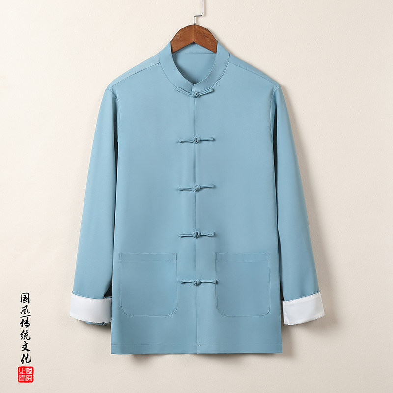T916*中古风男士盘扣唐装立领长袖衬衫禅服纯色开衫*P65,男装衬衫,星座1516（原B303）