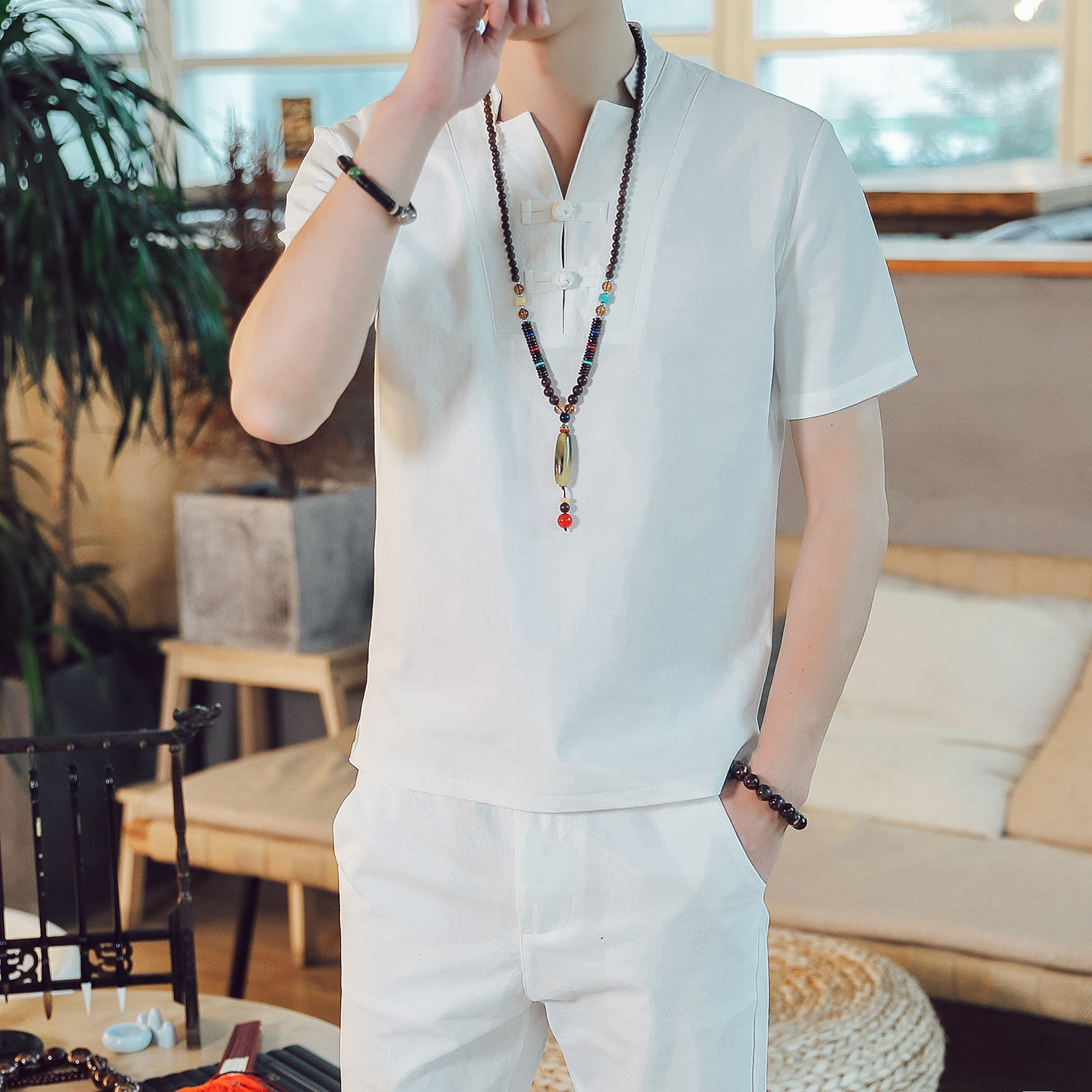 DY21*夏季风男士棉麻短袖T恤长裤两件套居仕服禅服*P55,男装T恤,星座1516（原B303）