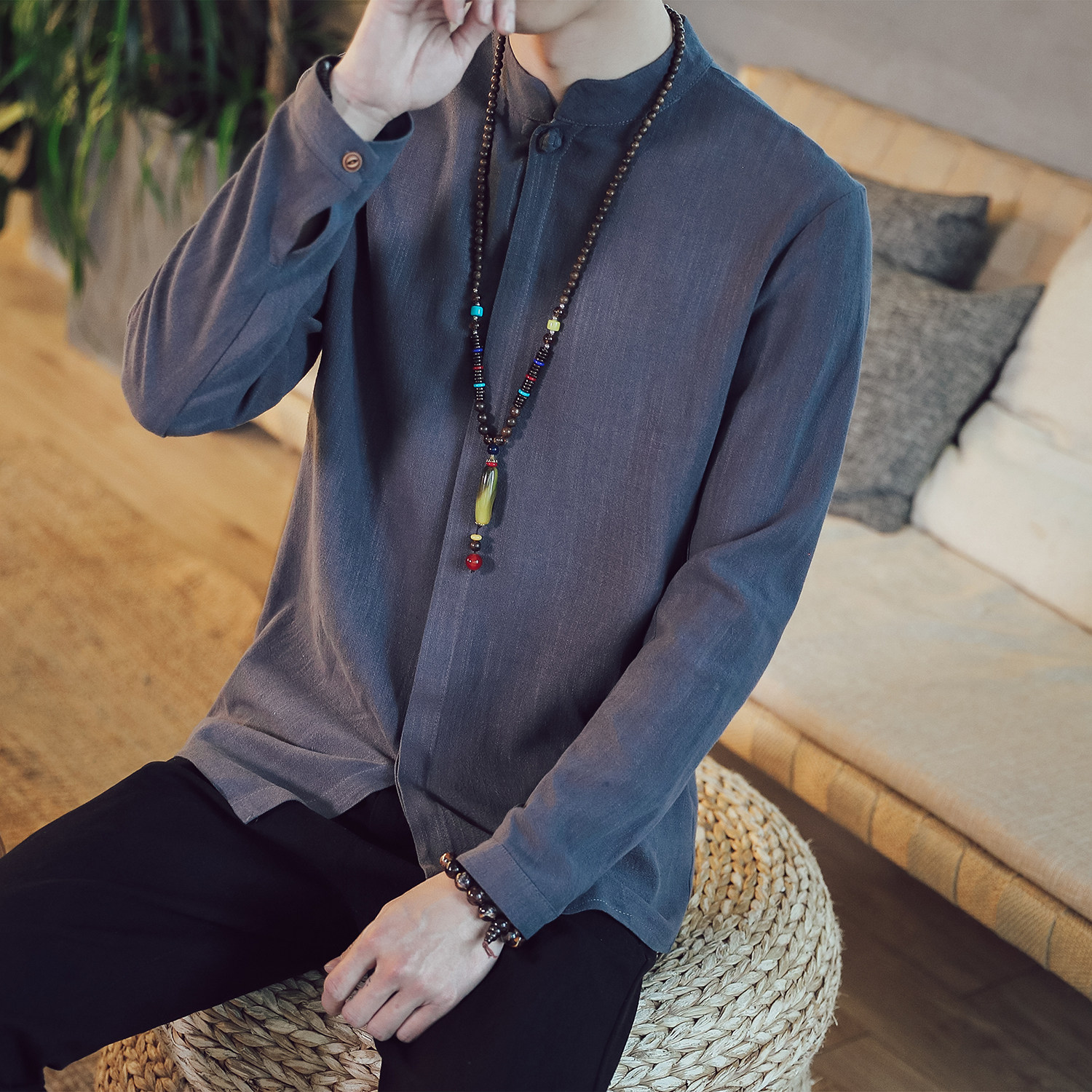 T90*古风长袖衬衫立领禅服居仕服风盘扣棉麻衬衫男*P55,男装衬衫,星座1516（原B303）