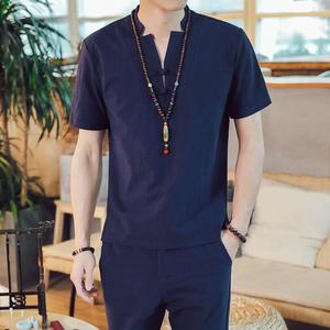DY21*夏季风男士棉麻短袖T恤长裤两件套居仕服禅服 *P55图片