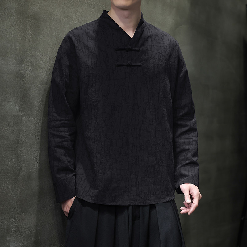 T920*风男士暗纹提花古风复古宽松棉长袖T恤禅服*P60,男装T恤,星座1516（原B303）