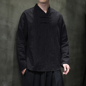 T920* 风男士暗纹提花古风复古宽松棉长袖T恤禅服 *P60图片