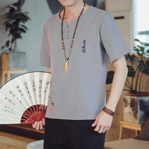 T85* 夏季风古风绣字盘扣短袖T恤禅服居仕服 *P38图片