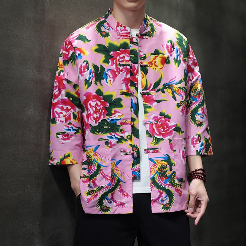 T921*东北大花中袖衬衫风复古唐装汉服衬衣新中式男装*P38,男装衬衫,星座1516（原B303）