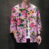 T921*东北大花中袖衬衫风复古唐装汉服衬衣新中式男装*P38，男装衬衫，星座1516（原B303）