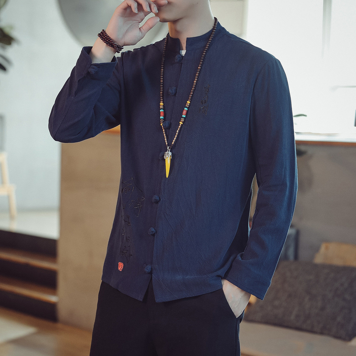T88*2021男士长袖棉麻绣花修身休闲衬衣男麻料衬衫麻本色*,男装衬衫,星座1516（原B303）
