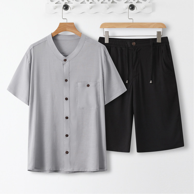 1066*风立领冰丝短袖天丝麻套装薄款凉感居仕服衬衫*P70,男装T恤,星座1516（原B303）