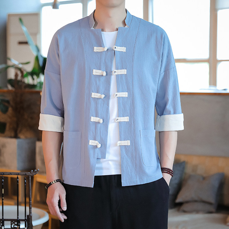 T915* 古风盘扣撞色唐装茶服中袖衬衫居仕服纯色禅服 *P55图片