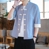 T915*古风盘扣撞色唐装茶服中袖衬衫居仕服纯色禅服*P55，男装衬衫，星座1516（原B303）