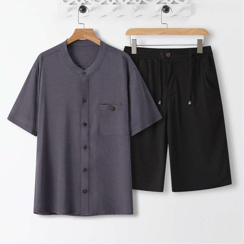 1066*风立领冰丝短袖天丝麻套装薄款凉感居仕服衬衫*P70,男装T恤,星座1516（原B303）