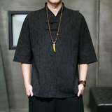 T910*风落肩中袖暗纹提花古风居仕服复古茶服T恤男禅服*P55，男装T恤，星座1516（原B303）