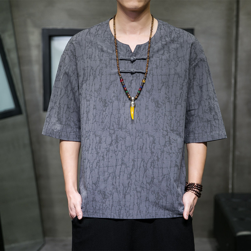 T918*风中袖提花暗纹古风禅服复古茶服T恤男居仕服*P55,男装T恤,星座1516（原B303）