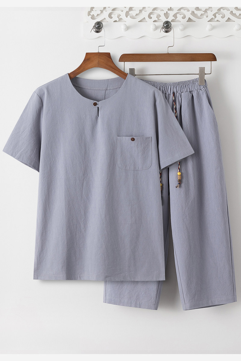 8086*夏季风唐装禅服棉麻短袖古风透气T恤套装男居仕服*P55,男装T恤,星座1516（原B303）