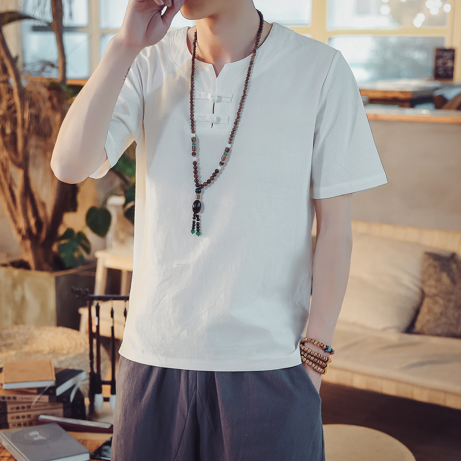 T98*2021夏季男士风复古盘扣棉麻短袖T恤衫灰蓝*,男装T恤,星座1516（原B303）