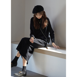 文艺气质显瘦中长裙 春秋黑色毛衣连衣裙 「MISAZ 」搭配率超高