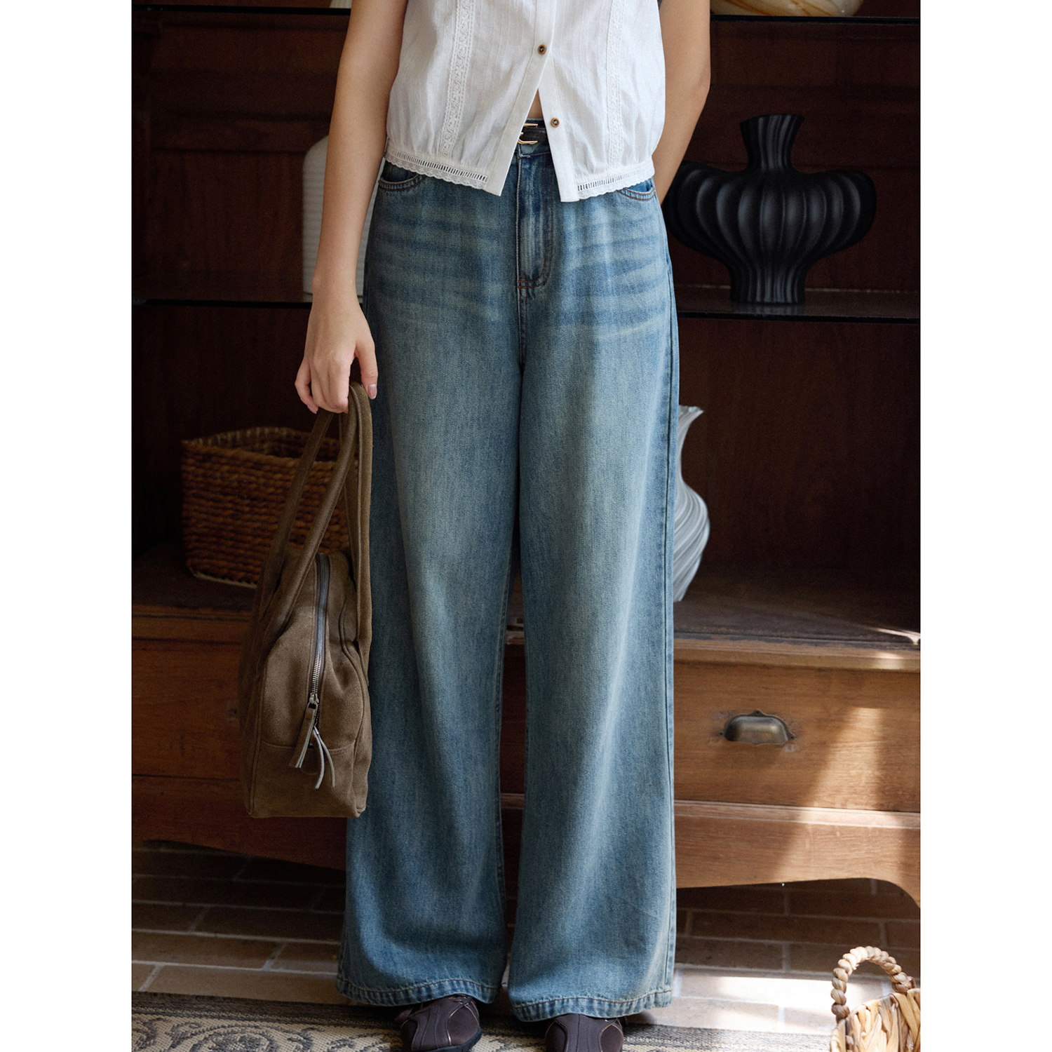 MISAZ复古小直筒薄款牛仔拖地裤