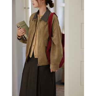 「MISAZ」中古感外套 廓形撞色翻领飞行员夹克 奶咖棕色绒面麂皮