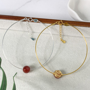 极细万能银手镯手工diy可穿小孔金珠925银手镯女串珠手链尾链手环