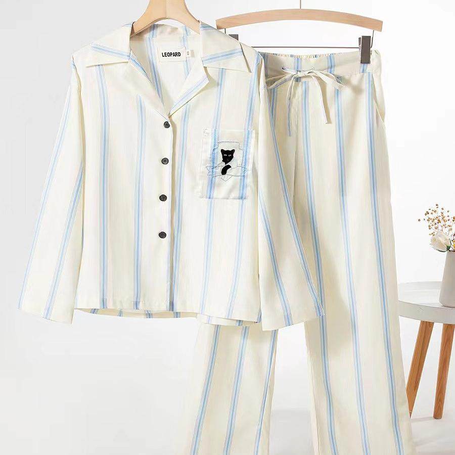 春夏天丝棉都市黑豹男女同款短袖长袖长裤米白条纹家居服可外穿