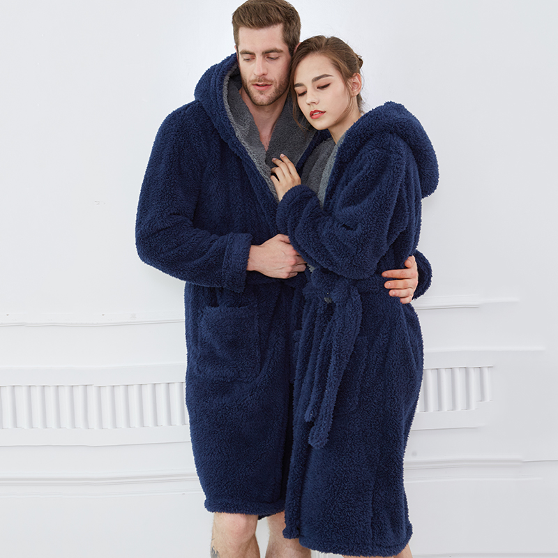 冬季连帽珊瑚绒保暖大码情侣睡袍