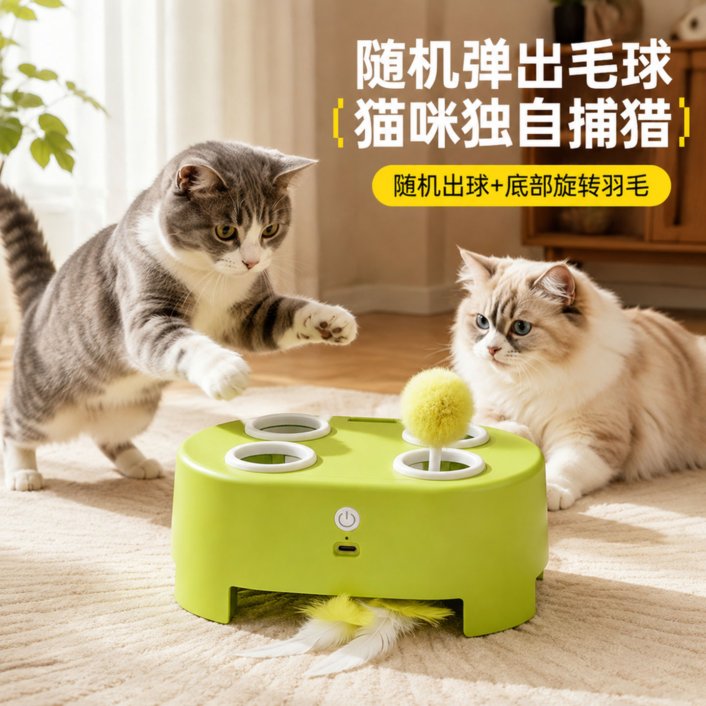 猫咪多功能打地鼠玩具上下羽毛逗猫棒电动自嗨解闷互动宠物用品图片