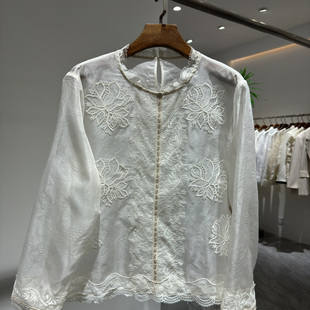 欧洲站2025秋款 女 花边领蕾丝金线绣花甜美优雅轻熟风蚕丝衬衫